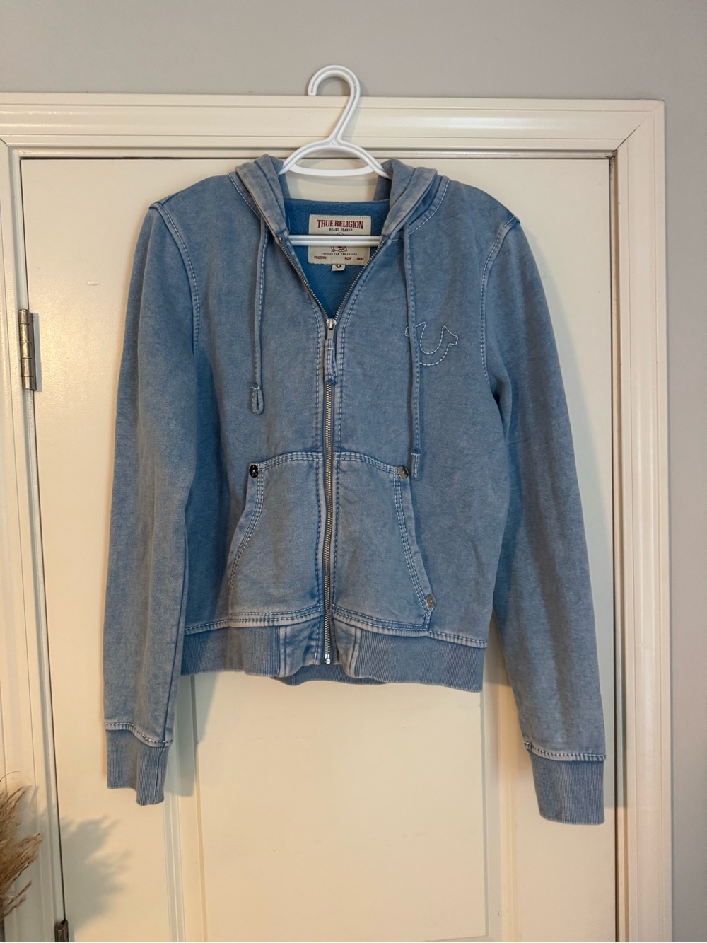 True Religion Denim-Look Zip Hoodie in Light Blue